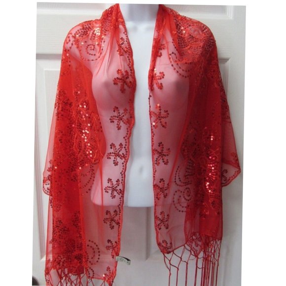 Red Sequin Shawl Wrap Sparkle Fringed Scarf Wedding Bridal Evening Dressy Formal - Picture 4 of 4